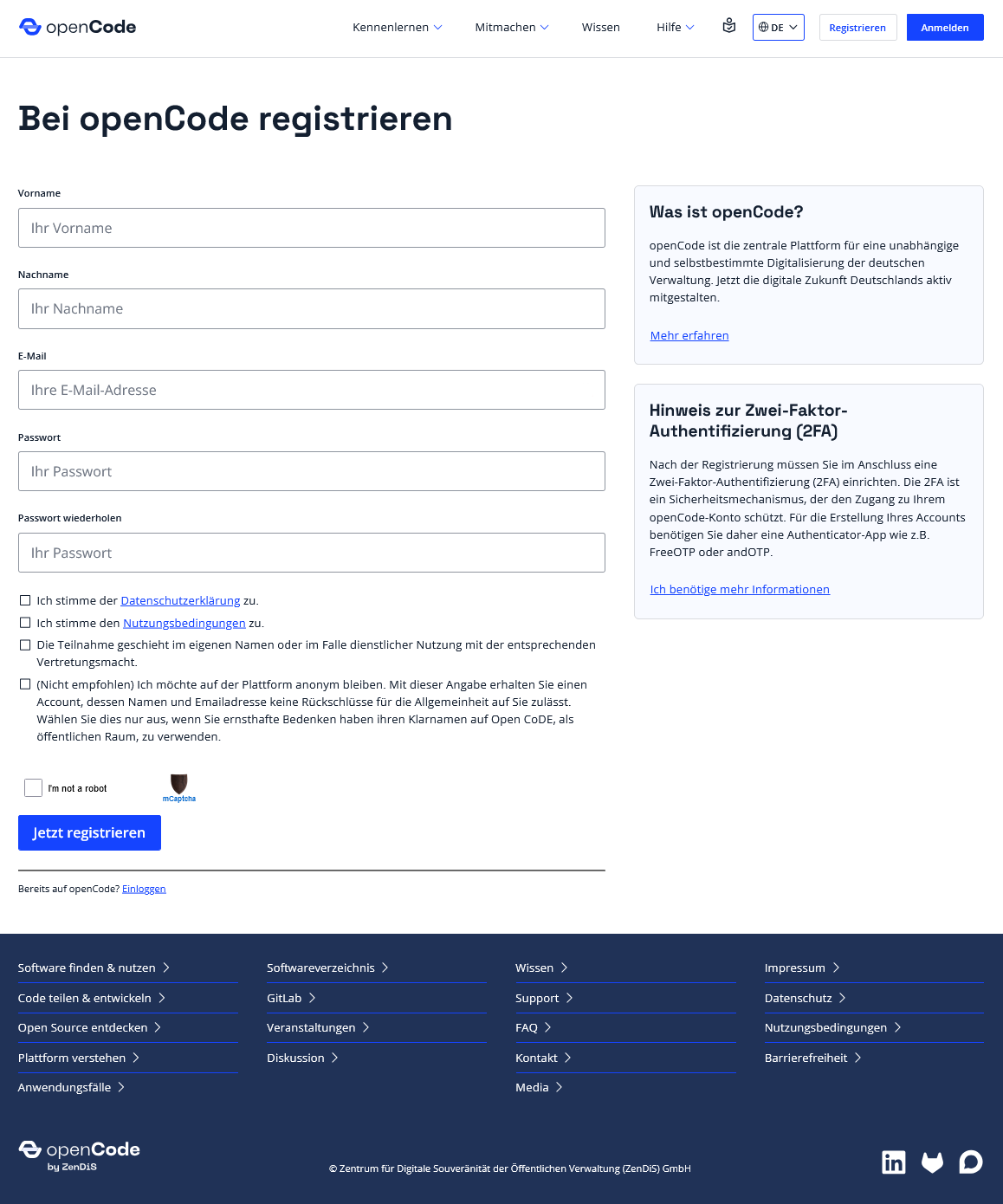 Registrierungungsformular für openCode